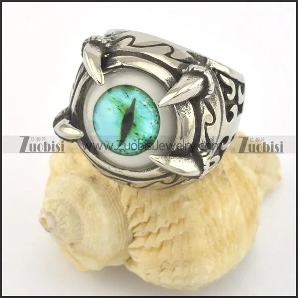 light green evil eye ring with 4 claws in stainless steel r001428
