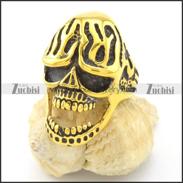 antique gold fire skull ring r001492