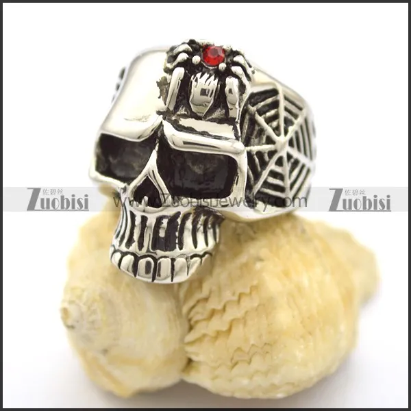 small red rhinestone spider and net skull ring r001780