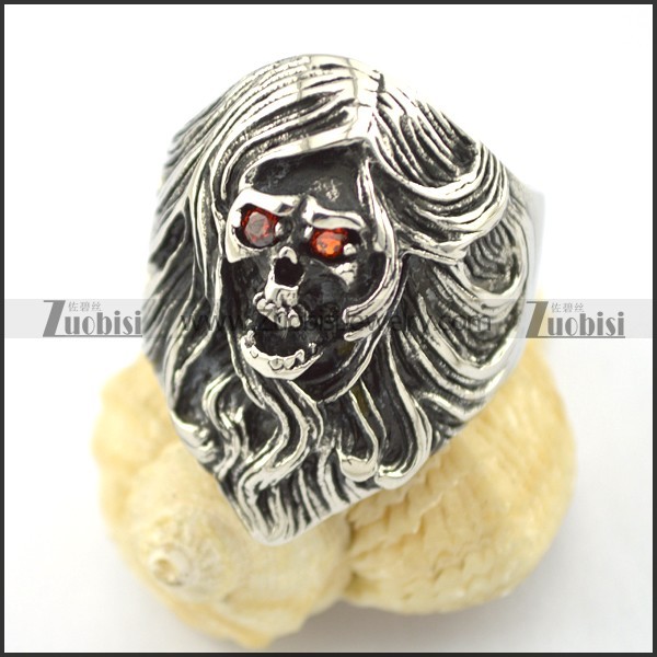 cool skull ring with long hair r001608