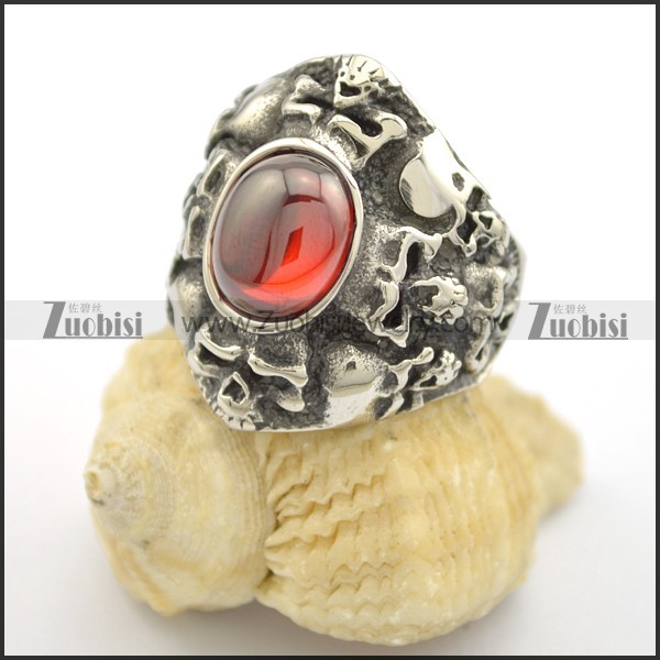 big oval clear red stone skull ring r001731