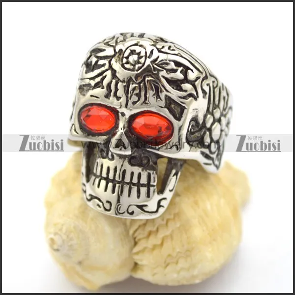 red rhinestone eyes flower skull ring r001748
