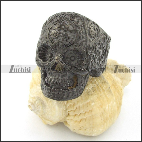 black cover flower skull ring for mens r001489