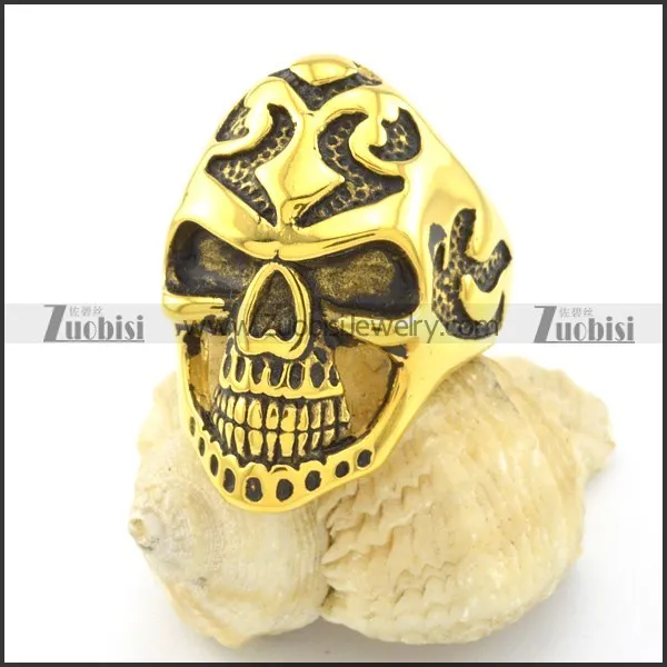 gold finished steel skull ring r001493