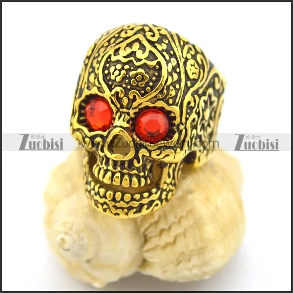 red-hot rhinestone eyes gold plating flower skull ring r002004