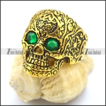 green rhinestone eye gold flower skull ring r002006
