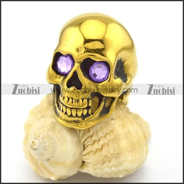 Gold Skull Ring in Steel with Purple Rhinestone Eyes r002011