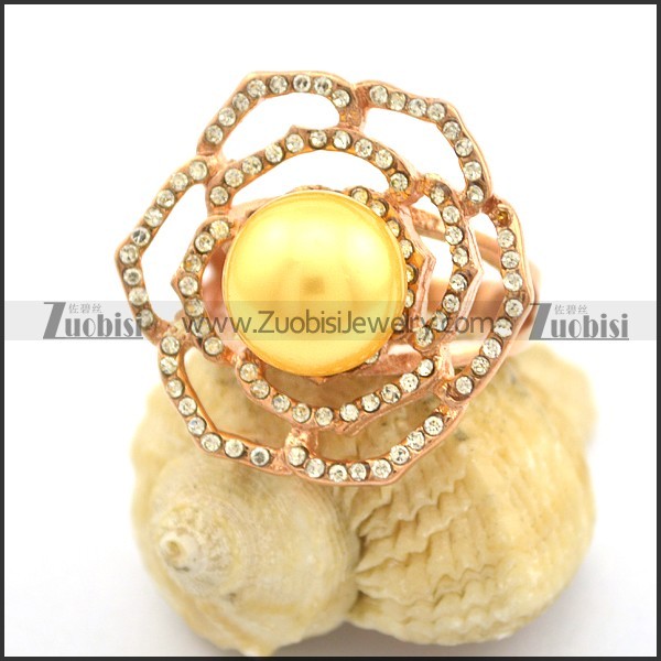Maize Pearl Rings in Rose Gold Plating with Clear Rhinestones r002385