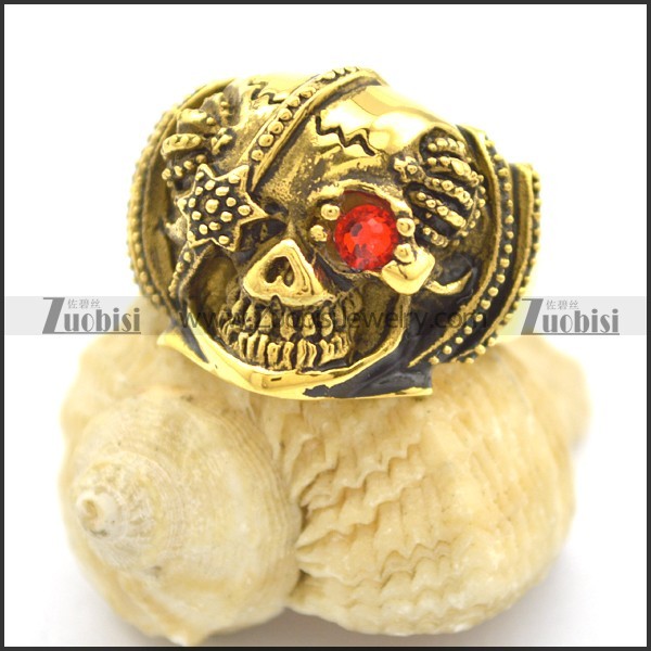 Antique Gold Stainless Steel Skull Ring with One Red Crystal Eye r002394