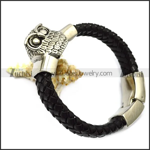 black braided leather bracelet with owl charm b007713