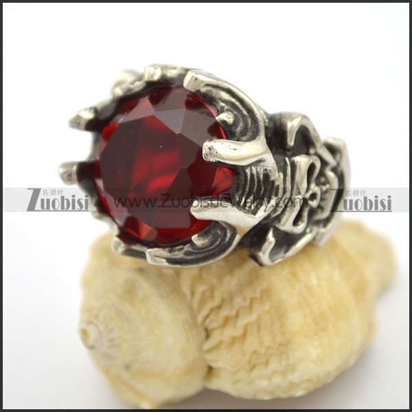 Stainless Steel Skull Engagement Ring with Clear Red Facted Stone r002705