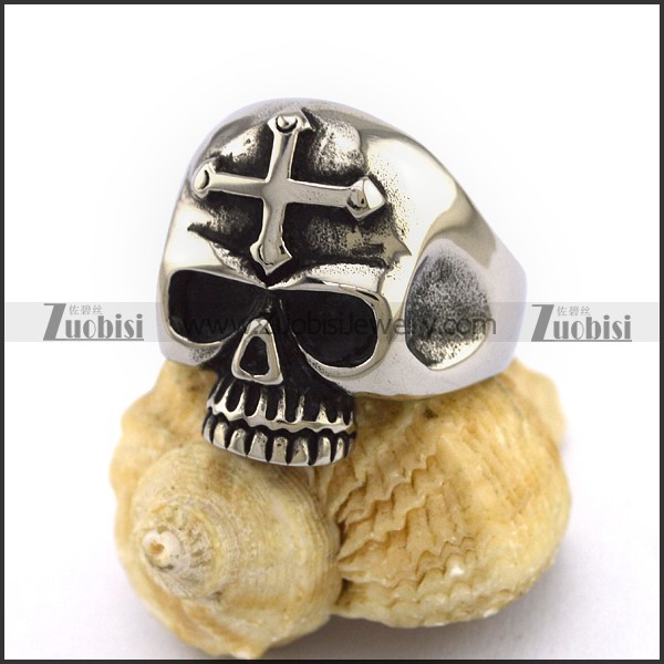 Antique Silver Stainless Steel Cross Skull Ring r003046