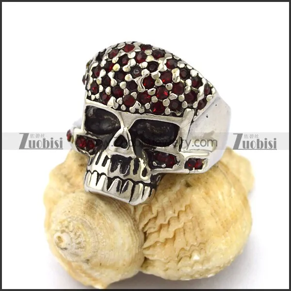 Skull Ring with Allover Small Red Rhinestones on Forehead r002879