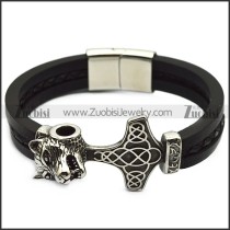 black leather bracelet with stainless steel wolf hammer for viking b007864