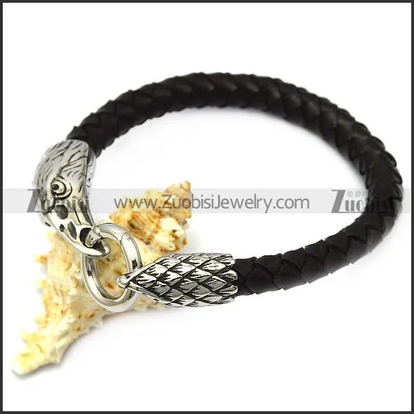 black leather bracelet with 2 raven end caps b007859