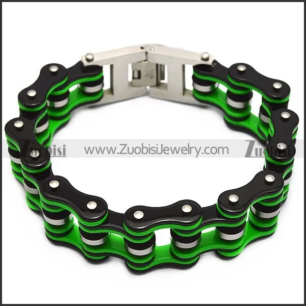 22mm wide stainless steel black outside and green inner bicycle chain bracelet b007628