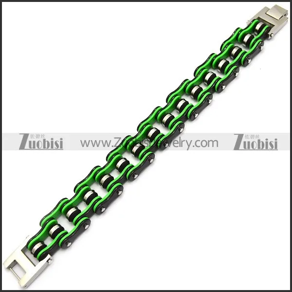 22mm wide stainless steel black outside and green inner bicycle chain bracelet b007628