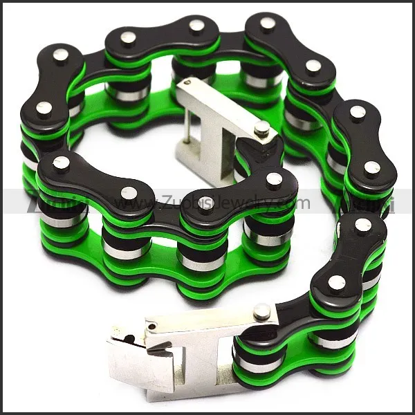 22mm wide stainless steel black outside and green inner bicycle chain bracelet b007628