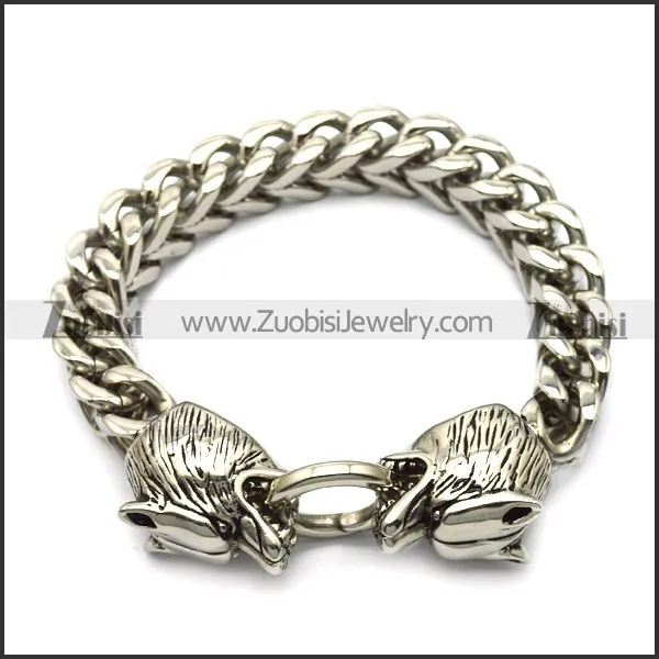 11mm wide square chain bracelet with 2 big stainless steel wolf heads ends b006729