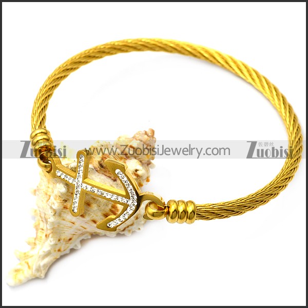 gold plating wire bangel with rhinestones anchor charm