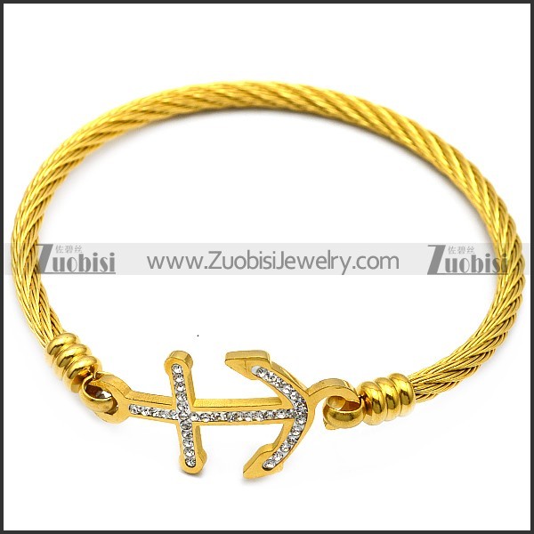 gold plating wire bangel with rhinestones anchor charm b007937