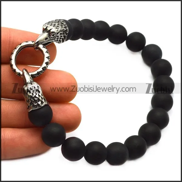 black rosary bracelet with steel raven heads b007993