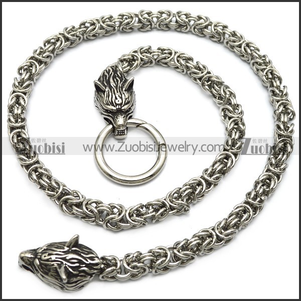 600mm long chainmaille chain necklace with two wolf heads and connector ring n002363