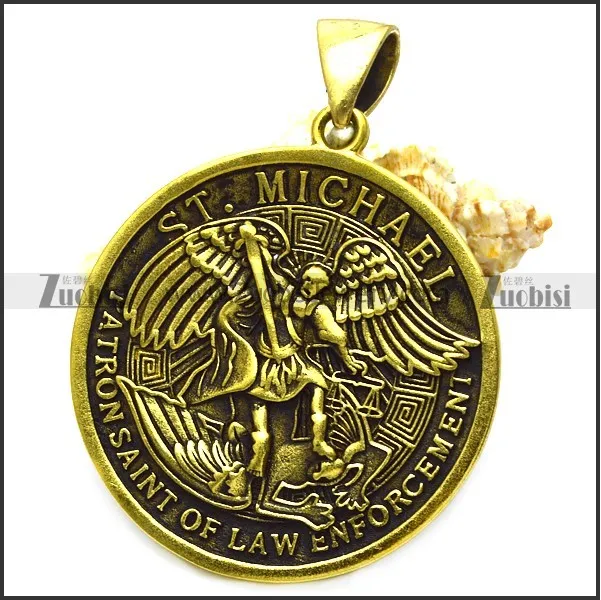antique golden ST. Michael patron saint of law enforcement pendant p008883