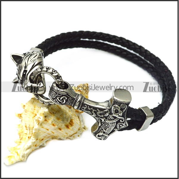 viking wolf head black leather bracelet