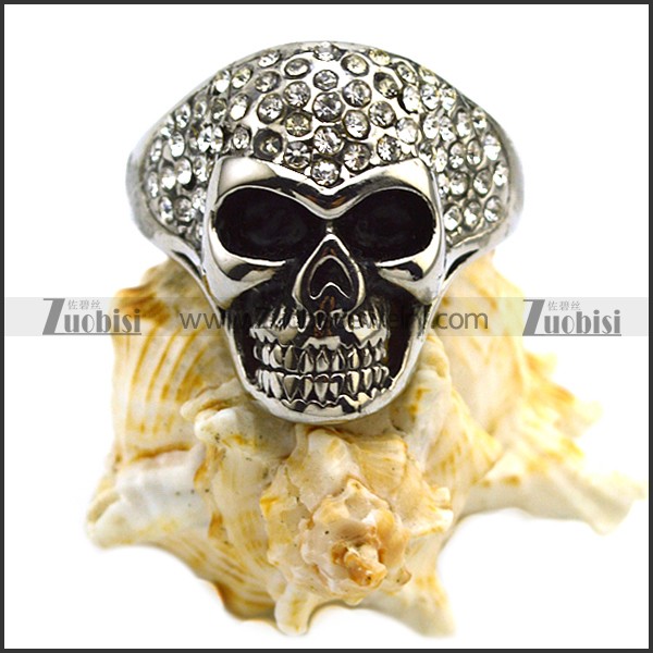 Stainless Steel Casting Skull Ring with Clear Rhinestones