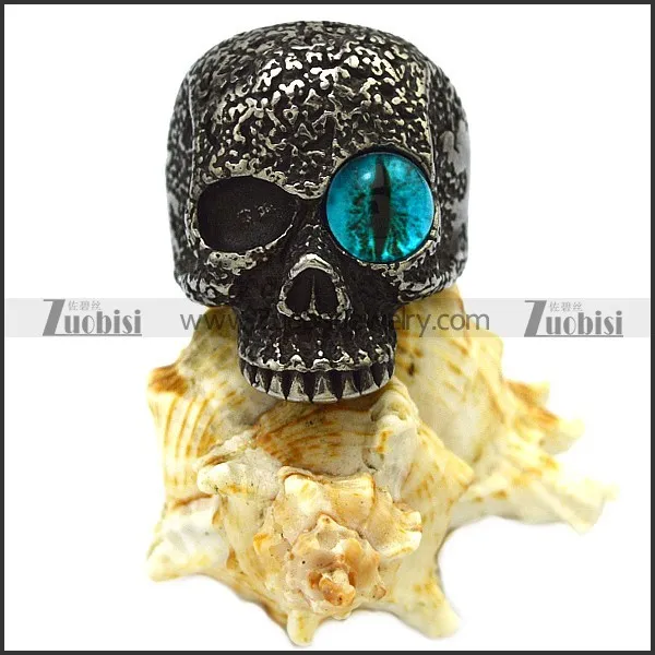 Blacken Stainless Steel One Blue Evil Eye Skull Ring r007476