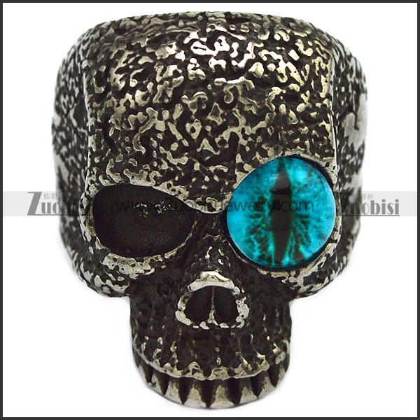 Blacken Stainless Steel One Blue Evil Eye Skull Ring r007476