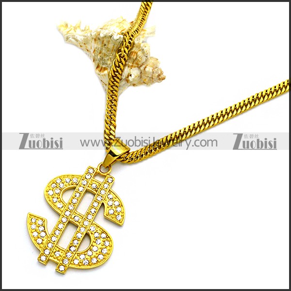 Golden Stainless Steel US Dollar Sign Necklace Hip Hop Jewelry