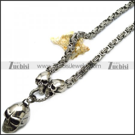 stainless steel 2 skull heads chains with big skull pendant