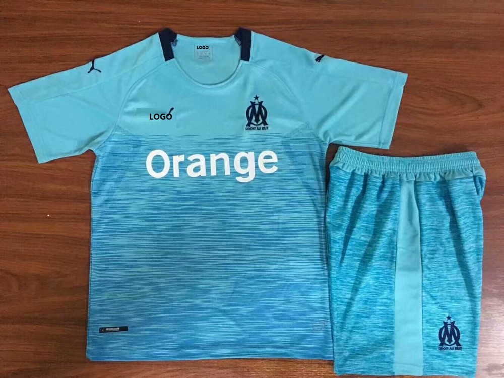 18 19 Child Marseille Away Blue Soccer Kits Kids Football Uniforms
