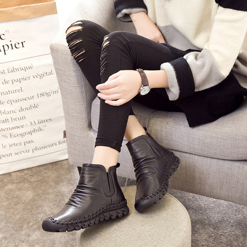 Us 78 Onebling Comfortable Soft Genuine Leather Winter Boots 2017 Fashion Sewing Women Ankle Boots Casual Flat Shoes Female Snow Boots Onebling