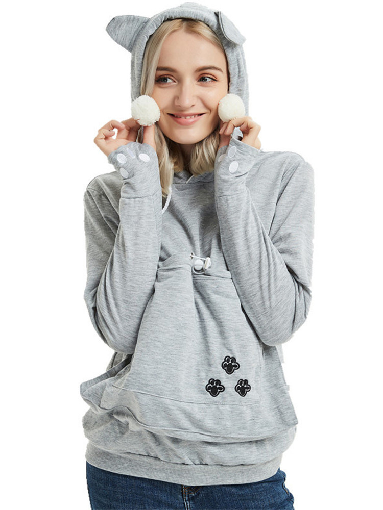 Hoodie With Roomy Front Pocket Embroidery Paw Long Sleeve