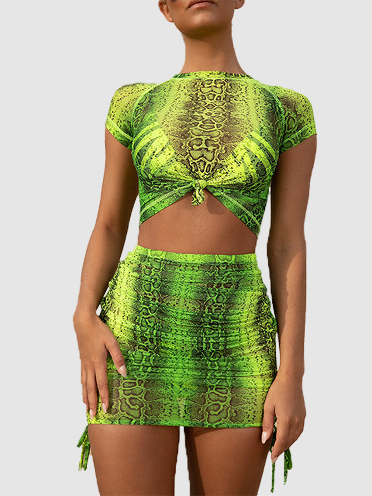 Tie Detail Crop Top And Mini Skirt Snake Mesh Set Onebling