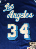 Los Angeles Lakers 湖人队34号奥尼尔彩蓝色连体字网眼复古球衣