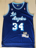 Los Angeles Lakers 湖人队34号奥尼尔彩蓝色连体字网眼复古球衣