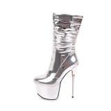 2018 winter silver boots high heels 16cm platform sexy fashion mid calf boots size 32-43 shoes for woman
