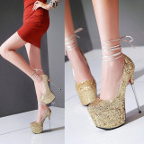 Arden Furtado 2018 spring autumn ankle strap fashion woman shoes women high heels 16cm stilettos pumps sequined cloth wedding shoes bling bling sexy party shoes