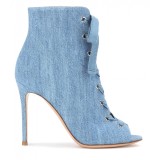 Arden Furtado 2018 summer boots peep toe blue jeans stilettos ankel boots big size 40 41 42 43 high heels 10cm velvet satin cloth fashion sandals