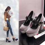 2018 autumn chunky heels platform fashion ladies grey burgundy high heels 12cm party shoes
