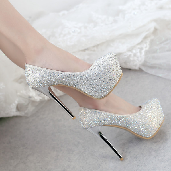 2018 autumn new style platform wedding shoes platform gold silver crystal rhinestone stilettos heels round toe pumps big size 48