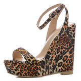 Arden Furtado summer high heels Leopard  buckle strap fashion sandals pen toe wedges sandals