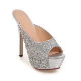 2018 summer high heels 13cm stilettos peep toe sexy platform silver mules glisten  glitter slippers slides