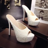 2018 summer high heels 13cm stilettos peep toe sexy platform silver mules glisten  glitter slippers slides