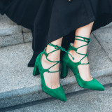Arden Furtado 2018 spring autumn winter summer square heels pumps for woman dress shoes cross tied high heels green shoes ladies