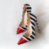 Arden Furtado  spring sexy fashion rivets new high heels 12cm stilettos slip on pumps striped sexy party shoes lady pumps 45